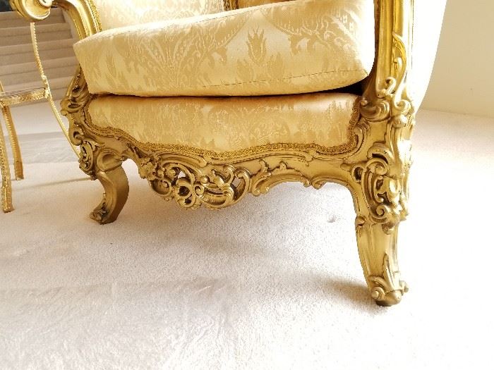 Antique carved wood armchairs, reupholstered in genuine antique French fabric