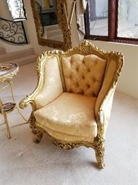 Antique carved wood armchairs, reupholstered in genuine antique French fabric