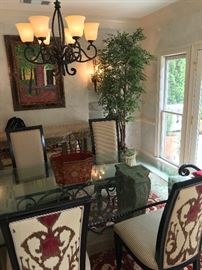 Custom Cut & Finished Glass (3/4") Top Dining Table & 6-chairs from ADAC's Platt collection ($1,880); "Kabul Design" 9'x12' wool area rug ($1,650)