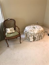 Custom ottoman with ruffle ($210); Caned chair ($75)