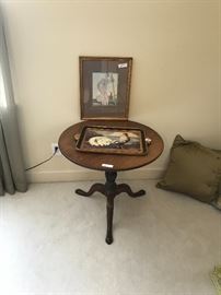 Wooden occasional table ($66); Gilt framed artwork (signed-$40); silk throw pillows ($16/each)