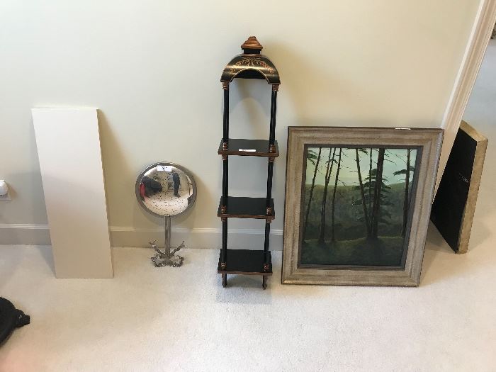 3-tier pagoda style shelf ($56); oil on canvas in silvered frame ($70); mirror-SOLD