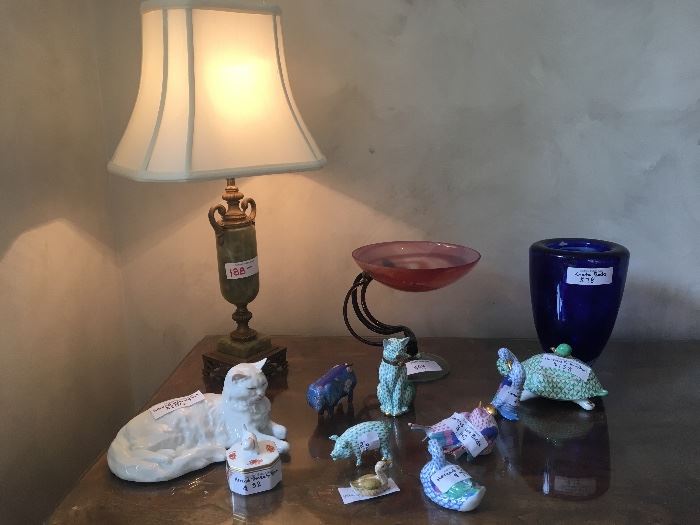Assorted Herend porcelain pieces; Kosta Boda vase; Green onyx table lamp ($188); hand blown footed glass bowl ($95)