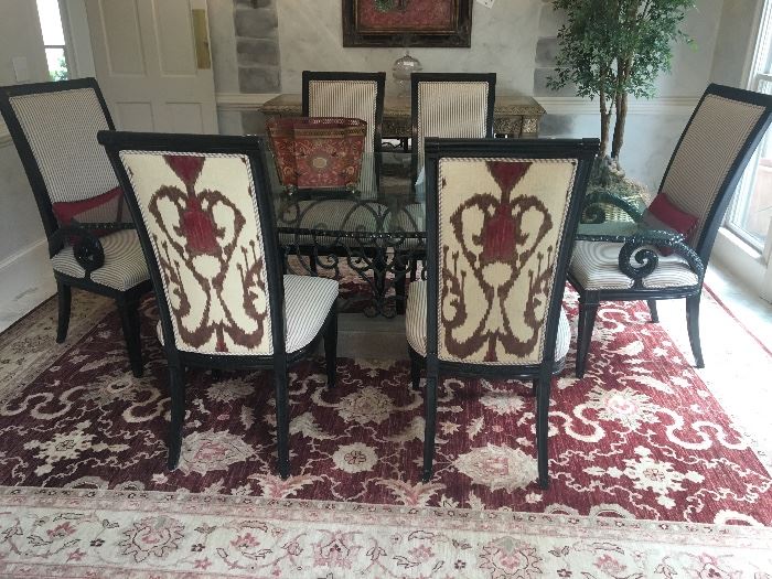 Custom Cut & Finished Glass (3/4") Top Dining Table & 6-chairs from ADAC's Platt collection ($1,880); "Kabul Design" 9'x12' wool area rug ($1,650)