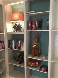 Assorted books, natural fiber woven bunny; table lamp