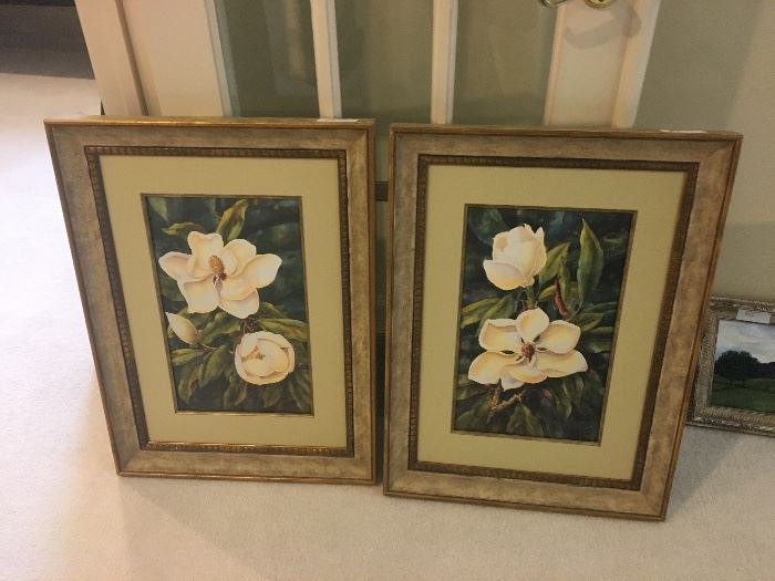 Magnolia prints in silvered/gilt frames ($52)