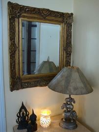 Gold Mirror, Elephant Lamp, Buddha