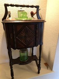Antique Copper lined Humidor with Green Depression glass and pipe holder and match box holder. Very Rare and hard to find