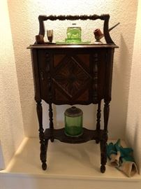 Antique Copper lined Humidor with Green Depression glass and pipe holder and match box holder. Very Rare and hard to find