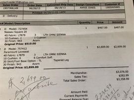 Receipt for Ethan Allan Loveseat and ottoman 8/18/13 Receipt inside cabinet