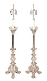 38. Pair Oversize Ecclesiastical Candlestick Lamps