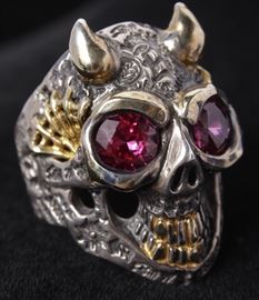 76. 18K Sterling Skull Form Designer Ring