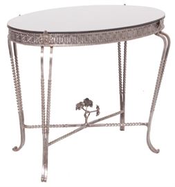 355a. Deco Steel Table w Black Mirror Top
