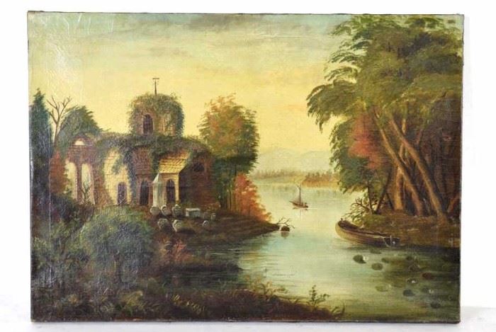 510a. Oil on Canvas Depicting River Landscape