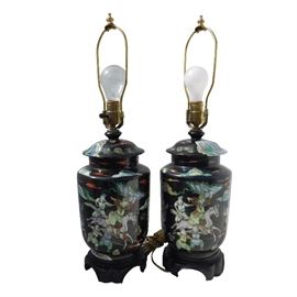 518. Pair Famille Noir Urns Mounted As Lamps