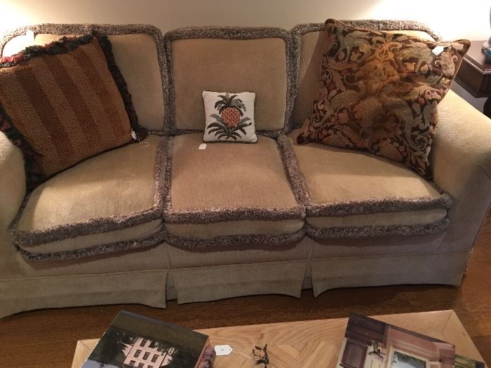 Superbly comfortable sofa with beautiful upholstery; needlepointed pillows