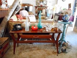 Mid Century Modern Z Table with MCM Stretch Glass Vases, bakelite telephone