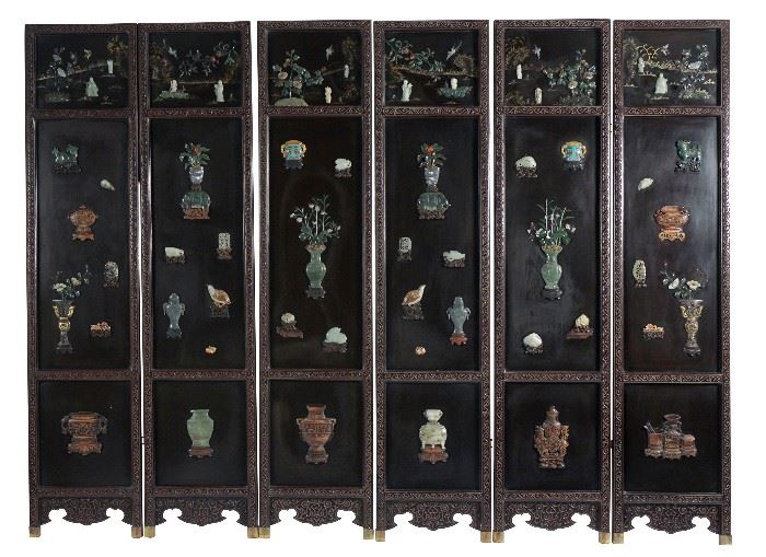 7. Chinese Six Panel Black Lacquer Screen