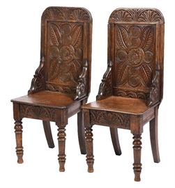 20a. Pair Of Carved English Hall Chairs 19th C