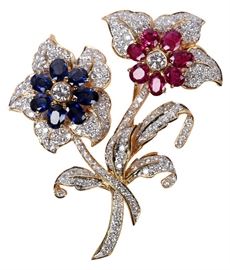 24. Diamond Ruby Sapphire 14k Gold Flower Pin