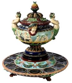 37. Large Lidded Majolica Punch Bowl And Platter
