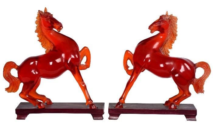 54. Pr Chinese Red Amber Carved Horses