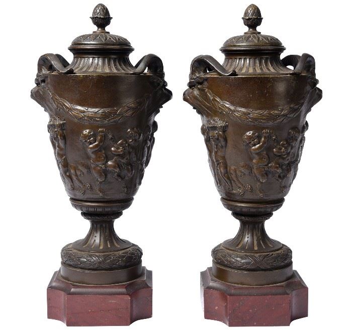 66. Pair French Bronze Urns Signed Clodion