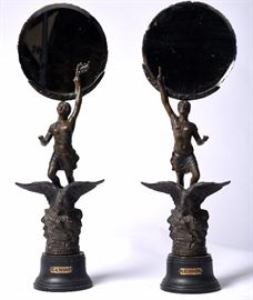 97. Pair Patinated Metal Figural Mirror Stands