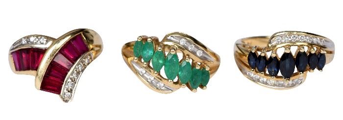 329. 3 14k Gold Ladies Rings Ruby Sapphire Emerald