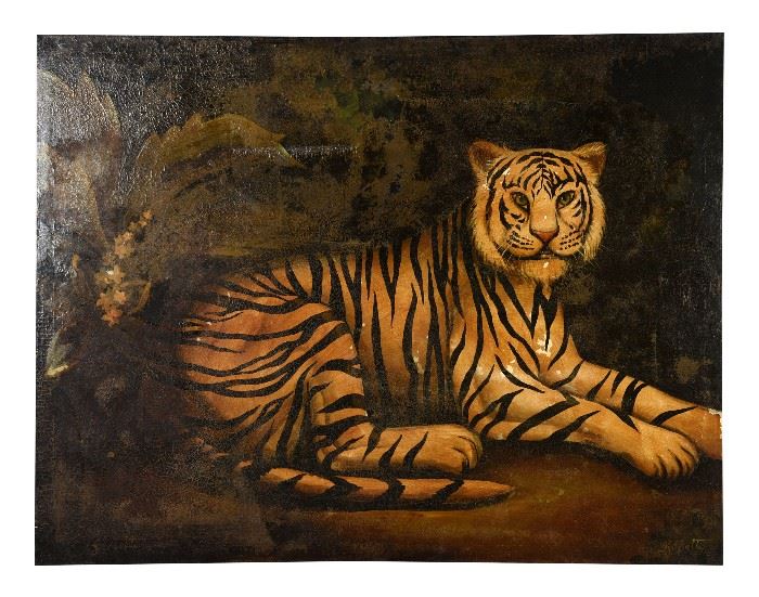 339. Large Oil On Canvas Of Recumbent Tiger by Rossetti