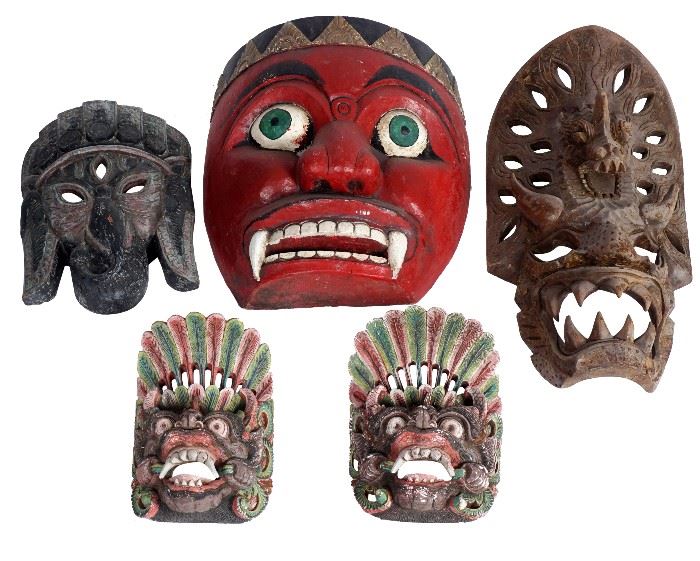 340. Group Lot Five Carved Asian Masks