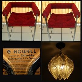Pair of Mid Century Modern Howell, Division of Interlake, Chairs showing Label and One of a Matching Pair of Mid Century Modern Hanging Lamps  