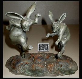 Very Cool Signed Dancing or Boxing Metal Rabbits on Base 