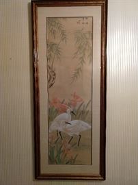 PAIR vintage Japanese school watercolor gouache on silk - white herons/iris.