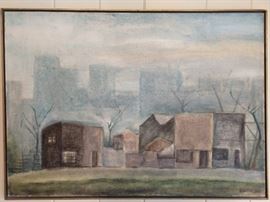 Original artist signed 1966 oil on canvas, "El Caserio Y La Ciudad", by Manuel Kantor, Appraised at $3,800.00.