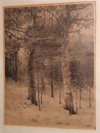 Nicely framed/matted winter forest scene, by William Starbuck Macy.