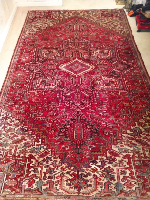 Fantastic vintage Persian Heriz rug, hand woven, 100% wool face, measures 11'  x  6' 8".