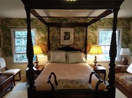 Mistress bedroom, with queen size hand carved Chinese cherry 4-poster bed, pair of Ethan Allen mahogany single drawer end tables, Pair of vintage brass table lamps; foreground is a 1940's mahogany bench, with hand embroidered seat.