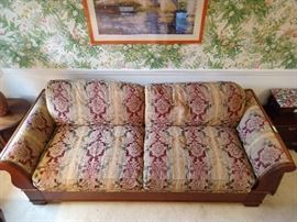 Gigantic, room-eating Drexel upholstered/mahogany-frame couch, with down cushions and tie-downs.          This could be a casting couch - it's very seductive and comfy. NEXT!