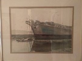 Original watercolor, "Wiscasset Hulk", nicely framed/matted, by R. W. Bragg.