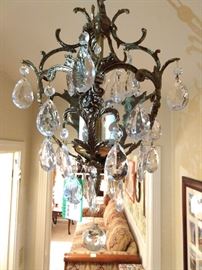 Cool, vintage Spanish brass & crystal 3-light fixture. 