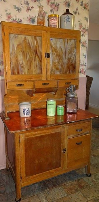 Hoosier Bakers Cabinet With Slag Glass Doors