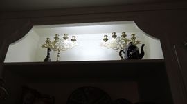 PAIR OF BRASS DRAGON FIGURAL CANDELABRUM, ROCKINGHAM TEAPOT 