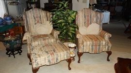CHIPPENDALE STYLE UPHOLSTERED CHAIRS AND SINGLE OTTOMAN.