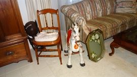MOBO VINTAGE HORSE, MCM TOLE TRAYS, WALNUT AND CANE BOTTOM CHAIR.