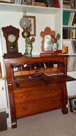 PAIR OF GINGERBREAD CLOCKS, 19TH CENTURY CHERRY SECRETAIRE. 19TH CENTURY BANQUET LAMP.  DECORATIVE EWERS.