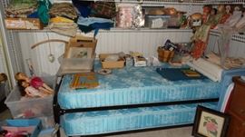 TRUNDLE BED, SEWING FABRIC AND MISCELLANEOUS. DOLLS.