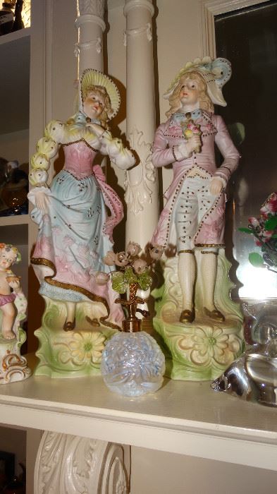 CLOSE UP OF GERMAN BISQUE FIGURINES, OPALESCENT PERFUME WITH FLOWER TOPPER