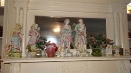 19 TH CENTURY GERMAN BISQUE FIGURINES, JAPANESE BISQUE, FENTON GLASS.