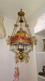 HANGING HAND PAINTED VICTORIAN ERA GASOLIER CHANDELIER.